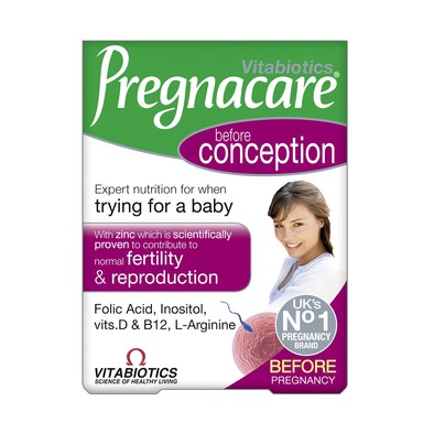 Pregnacare Зачеване x30 таблетки Vitabiotics Продуктът Прегнакеър Зачеване на светоизвестната фармацевтична компания Витабиотикс е със специално разработена формула за жени, които правят опити за здравословно зачеване. Всяка таблетка съдържа хранителни вещества, които поддържат репродуктивното здраве при жените. Също така съдейства жените да изградят хранителни запаси преди зачеването. Предлага се в удобна опаковка от 30 таблетки. Pregnacare Зачеване x30 - Експертна помощ при опитите за зачеване Веднъж взели решение да заченете, Вие трябва да подготвите тялото си, подсигурявайки здравословна хранителна диета и да водите природосъобразен начин на живот, за да увеличите своите шансове за зачеване. Специалната формула на PREGNACARE CONCEPTION е създадена на базата на международни проучвания, доказващи, че определени микроелементи могат да играят важна роля за изграждането на хранителните запаси при подготовката за бременността. Прегнакеър Зачеване е внимателно балансирана формула от микронутриенти за поддържане на репродуктивното здраве при жената, включваща Инозитол, L-аргинин, N- ацитилцистеин, Селен, Витамин В 12 и Фолиева киселина. Фолиева киселина - Прегнакеър Зачеване доставя 400 mcg. фолиева киселина, точното количество препоръчвано за всички жени, които се опитват да заченат. Както за здравословното развите на невралната тръба на фетуса, фолиевата киселина може да играе съществана роля при зачеването и е необходима за първите дни и седмици от живота, преди още да сте сигурна, че сте бременна.Pregnacare Зачеване x30 Антиоксидантни минерали с натурален Витамин Е - важни елементи, имащи за цел да предпазят генетичия материал от увреждащия ефект на действието на свободните радикали. Витамин Е е наистина важен елемент, поддържащ здрава кожата, нервите и кръвообръщението, мускулите и червените кръвни телца. Прегнакеър Зачеване съдържа Витамин Е -20 mg., което е по- малко от необходимия дневен прием. Той се предоставя в неговата естествена форма, която се абсорбира много по-лесно и напълно от майката и се доставя до фетуса, отколкото синтезирания витамин Е. Инозитол – Подпомага овулацията и оказва влияние върху плодовитостта. Включен е в обмяната на информация между клетките, което рефлектира върху фертилността и растежа им.Pregnacare Зачеване x30 L-аргинин – Повлиява отделянето на яйцеклетката от яйчниците, както и да подпомага кръвообращението на фоликула и имплантацията на плода. N-ацетилцистеин – Прекурсор на глутатион, важен антиоксидант в организма. N-ацетилцистенът е важен също за секрецията на шийката на матката. Витамин В 12 - като част от В комплекс е доказано, че витамин В 12 оказва положителен ефект върху репродуктивността и овулацията като цяло. Pregnacare Зачеване x30Витамините за зачеване Прегнакер съдържа: L-аргинин 100mg; Инозитол 50mg; N-ацетилцистени 50mg; Бетакаротен 3mg; Витамин D (600 I.U.) 15 mcg; Витамин E 30 mg; Витамин C 90 mg; Витамин B1 8 mg; Витамин B2 5 mg; Ниацин 20 mg; Витамин B6 10 mg; Фолиева киселина 400 mcg; Витамин B12 20 mcg; Биотин 150mcg; Пантотенова киселина 6mg; Желязо 14 mg; Селен 50 mcg; Магнезий 60 mg; Цинк 15 mg; Йод 140 mcg; Мед 1 mg. Не съдържа изкуствени оцветители, глутени, консерванти и соя. Не е тестван върху животни. Една таблета дневно с или веднага след основното хранене. Приемайте с пълна чаша вода или друга напитка. Pregnacare® трябва да се приема само на пълен стомах. Прегнакеър Зачеване не съдържа упойващи вещества или хормони и се произвежда в съответствие с високите фармацевтични стандарти за контрол на качеството, допълнително към тези, които обикновено се изискват за хранителните добавки.Pregnacare Зачеване x30 Vitabiotics е утвърдена британска компания с дългогодишен опит в разработването на висококачествени хранителни добавки и витамини. Те се отличават с безопасност и ефективност. Техните продукти отговарят на най-високите международни стандарти и се базират на съвременни научни изследвания.Pregnacare Зачеване x30 Vitabiotics е лидер в създаването на иновативни формули, които подпомагат репродуктивното здраве на мъжете и жените. Техните пренатални витамини предлагат важни хранителни вещества, които са от съществено значение за здравето на бъдещите майки и развитието на плода. Продуктите им също така са създадени с оглед на нуждите на костната система и зрението, като осигуряват подкрепа за поддържане на здравето на костите и доброто зрение в напреднала възраст. Компанията е известна и с витаминните комплекси, предназначени за активни хора. Независимо дали сте спортист или водите активен начин на живот, тези добавки спомагат за повишаване на енергията, издръжливостта и възстановяването след физически натоварвания. Vitabiotics предлага решения за здравословен и балансиран начин на живот, които отговарят на нуждите на различни възрастови и физиологични групи.Pregnacare Зачеване x30 Защо да изберете Аптеката Oнлайн? В Аптеката Онлайн може да се насладите на богата гама от медикаменти, хранителни добавки и други здравни продукти. Включително можете да намерите разнообразие от продукти за профилактика и лечение на сезонни заболявания като грип и настинки. Нашата аптека се стреми да предложи на клиентите не само достъпни цени, но и качествени продукти, които да помогнат за укрепване на имунитета и здравето като цяло.Pregnacare Зачеване x30 Освен това, в Аптеката Онлайн предлагаме и специална лоялна програма.,Тя важи за всички продукти дори и намалените. Чрез нея събирате точки при всяка покупка. Тези точки можете да използвате за намаления при следващи покупки, условията може да разгледате в страницата ни за лоялна програма. Трупате точки само, ако сте вписани в своя профил.Pregnacare Зачеване x30 С пазаруването в Аптеката Онлайн получавате допълнителни предимства като безплатна доставка при определени поръчки и възможността да пазарувате по всяко време на денонощието, без да се съобразявате с работно време. Това ви осигурява максимално удобство и бърз достъп до продуктите, от които се нуждаете.Pregnacare Зачеване x30 Ние разбираме важността на качествената грижа за здравето и затова нашите продукти са внимателно подбрани и с доказана ефективност. В Аптеката Онлайн ще намерите всичко необходимо за вашето здраве на едно място, независимо дали става дума за витамини, минерали, лекарства или продукти за козметична грижа. Изберете Аптеката Онлайн за надеждност, удобство и сигурност при пазаруването на здравни продукти!