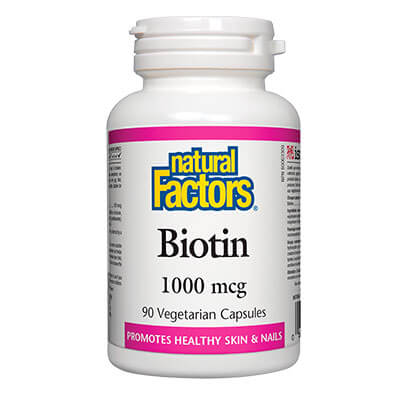 NATURAL FACTORS Биотин 90 caps 1000mcg -Намалява сухотата и подпомага нормалното състояние на кожата -Укрепва ноктите и намалява чупливостта -Насърчава поддържането на силна, гъста и здрава коса -Поддържа метаболизма на въглехидрати, мазнини и протеини Дозировка: Да се приема по 1 капсула дневно.