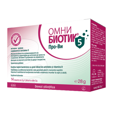 Омни Биотик Про-Ви 5 Пробиотик с Витамин D имунна система Омни Биотик Про-Ви 5е перфектният помощник за имунната система на вашето тяло! Този иновационен и уникален пробиотик на световно ниво съдържа 5 специално избрани бактериални щама, които са доказали антивирусните си свойства в изследвания. Те ще обогатят чревната ви флора с 5 милиарда симбионти, а добавеният витамин D ще помогне за нормалната функция на имунната система при възрастни и деца. 1. Какво представлява Омни Биотик Про-Ви 5? Омни Биотик Про-Ви 5 е хранителна добавка, която съдържа 5 естествени за човешкия микробиом бактериални подвида. Добавен е и витамин D-изключително важен за нормалната функция на имунната система при децата и възрастните. Жизнеспособността и размножаването на бактериите са гарантирани до изтичане срока на годност. Проучвания показват, че бактериалните щамове в Омни Биотик Про-Ви 5 могат да взаимодействат с различни вируси и да проявяват антивирусни ефекти, например чрез трапинг-механизъм, освобождаване на антивирусни вещества, рецепторна блокада и активиране на фагоцитиращи клетки. Добавеният витамин D в Омни Биотик Про-Ви 5 подпомага нормалната функция на защитните сили както при възрастни, така и при деца. Проучвания показват, че хората с ниски нива на витамин D по-често се разболяват от настинки в сравнение с тези, които приемат достатъчно количество витамин. Омни Биотик Про-Ви 5е особено подходящ по време на високо вирусно натоварване, когато имунната система е под натиск и защитните сили на организма се нуждаят от допълнителна подкрепа. 2. Как се приема Омни Биотик Про-Ви 5? 1–2 пъти дневно по 1 саше Омни Биотик Про-Ви 5 (=2 g) – разтваря се в около 125 мл вода, разбърква се и се изчаква минимум една минута за активиране. Препоръчително е приемът да се осъществява преди хранене. Това може да се случи преди закуска и вечеря, например. При деца се препоръчва прием на 1 саше дневно. Тъй като Омни Биотик Про-Ви 5 съдържа само естествени за човешкия микробиом бактерии, той може да се приема и по време на бременност и кърмене. Продуктите от линията Омни Биотик съдържат в малки количества различни баластни вещества, които се усвояват от бактериите като специфична храна, например фрукто-олигозахаридите (FOS) или инулин. Ако страдате от фруктозна нетолерантност, моля изчакайте активация на бактериите в рамките на 30 минути. През този половин час съживените след рехидратация бактерии почти напълно ще усвоят храната си (FOS, инулин и др.) така че до червата могат да достигнат единствено единични молекули. 3. Какво съдържа Омни Биотик Про-Ви 5 ? Едно саше (= 2 g) съдържа 5 милиарда бактерии от 5 специално подбрани щама: Lactobacillus delbrueckii ssp. bulgaricus LB2 (LMG P-21905) Lactobacillus rhamnosus SP1 (DSM 21690) Lactobacillus reuteri DSM 12246 Lactobacillus rhamnosus CRL1505 (DSM 29673) Bifidobacterium animalis ssp. lactis DSM 15954 Омни Биотик Про-Ви 5 не съдържа животински протеини, глутен и лактоза. Подходящ при лица с алергия към мляко. Състав: малтодекстрин, хидролизирано картофено нишесте, инулин, бактериални щамове, Витамин D (Cholecalciferol) 4. Лекарствени взаимодействия и нежелани ефекти: Омни Биотик Про-Ви 5 няма информация за кръстосани взаимодействия с лекарства. В началото на приема може да се появят леки храносмилателни смущения или раздуване на червата – в този случай е достаъчно да намалите дозата за няколко дни наполовина. 5. Допълнителна информация: трябва да се съхранява на сухо място, при стайна температура – не е наложително съхранение в хладилник. Хранителните добавки не са заместител на разнообразното хранене. Съблюдавайте здравословен начин на живот. Да не се превишава препоръчителната дневна доза. Да се съхранява на недостъпно за деца място. Натоварване на имунната система През студените зимни месеци, когато въздухът е особено сух, защитните сили на тялото ни са изложени на множество вируси и патогени. За да се справи с този натиск, имунната система трябва да функционира на пълни обороти. Диета с прекомерно количество захар и недостатъчно фибри също променя важната чревна флора. Освен това, кратките зимни дни и липсата на физическа активност на открито водят до дефицит на витамин D. Ако добавим стрес и/или психологическо напрежение, имунната система изпитва пренапрежение и не може да осигури необходимата защита на тялото. Затова препоръчваме Омни Биотик Про-Ви 5 винаги, когато защитните сили на тялото са под напрежение. Чревните бактерии: ключът за борба с вирусите По-голямата част от антигените – т.е. нежеланите нашественици като замърсители, токсични вещества и вредни микроорганизми – често атакуват тялото ни чрез храната и червата. Червата, с огромната си обща повърхност, предоставят множество цели за патогените, но същевременно те формират и нашата най-голяма защитна система. Тази чревна бариера се състои от разнообразна чревна флора, чревната лигавица и имунната система в червата. Пробиотичните бактерии играят ключова роля в поддържането на чревната бариера и могат да влияят положително на нашите имунни клетки. Освен това, те са развили специални механизми за деактивиране на нежеланите нашественици, като например вирусите. Разгледай цялата гама на Омни Биотик С повече от 20 години опит Австрииската компния Institut Allergosan е основана от доктор Анита Фраувалнер. Фокусът на компанията е здравето и правилното функциониране на чревната флора. Сътрудничеството им с доказали се учени и специалисти в областта на медицината. фармацията и биохимията  и богатия опит, утвърждава компанията като лидер на пазара на пробиотици в Австрия. Най-успешния продукт на компаnията е серията Омни Биотик. Предлаган в повече от 7 европейски страни Омни Биотик доказа своята ефективност Омни-Биотик® – Научно доказано действие Качествен продукт на Institut AllergoSan Дистрибутор: Ведра Интернешънъл АД София 1407, бул. Джеймс Баучър 71 www.vedrainternational.eu www.omnibiotic.bg